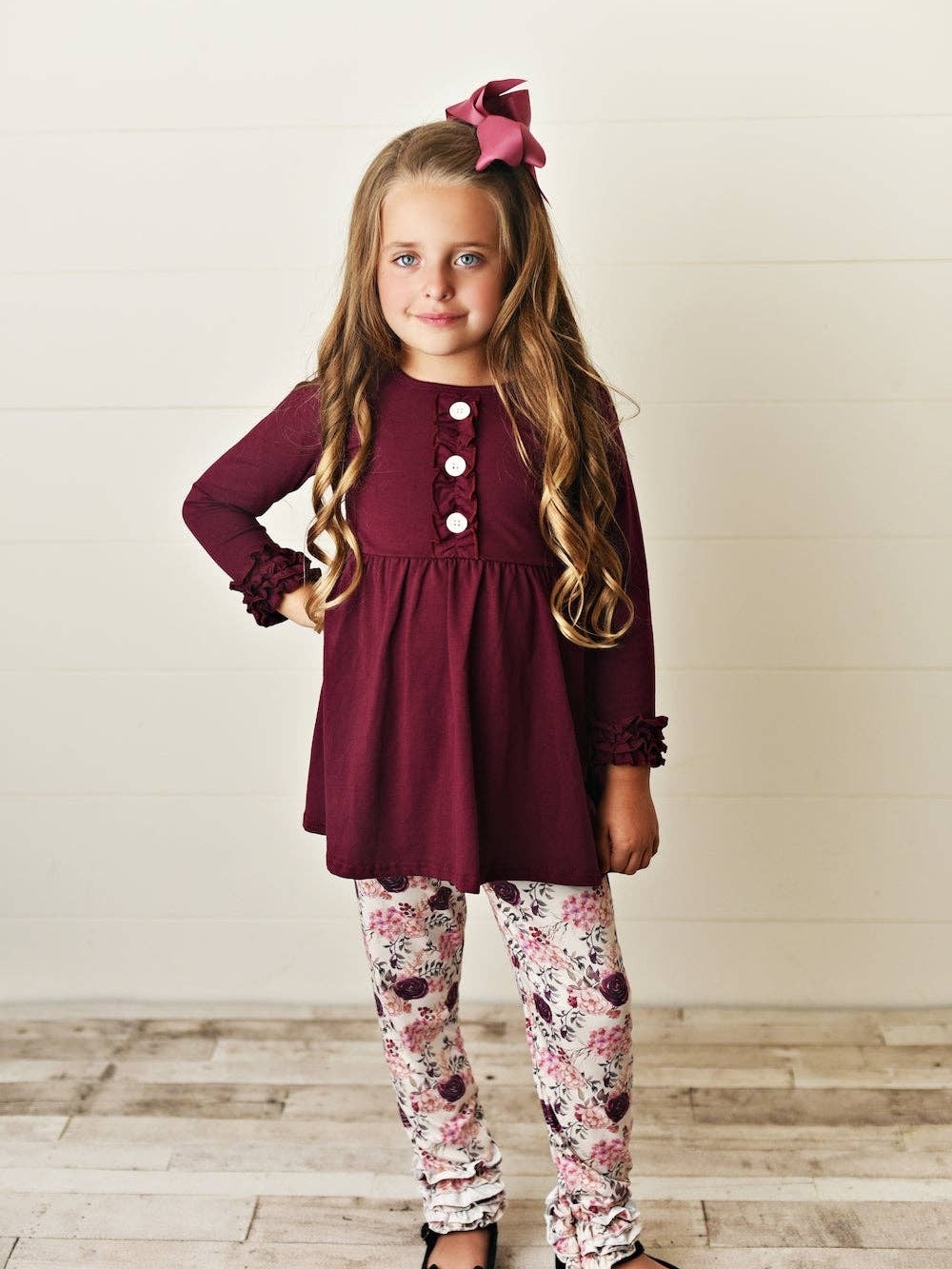 Adorable Sweetness- Dark Burgundy Floral Fall Girls Outfit